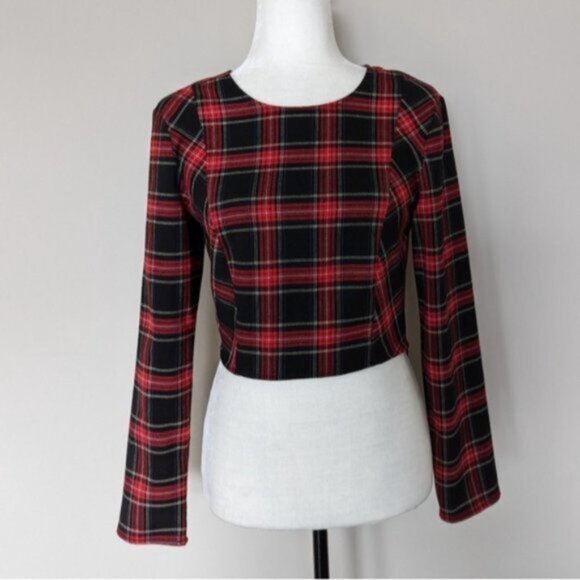 Zara red & black plaid long sleeve cropped blouse red black - Picture 2 of 7